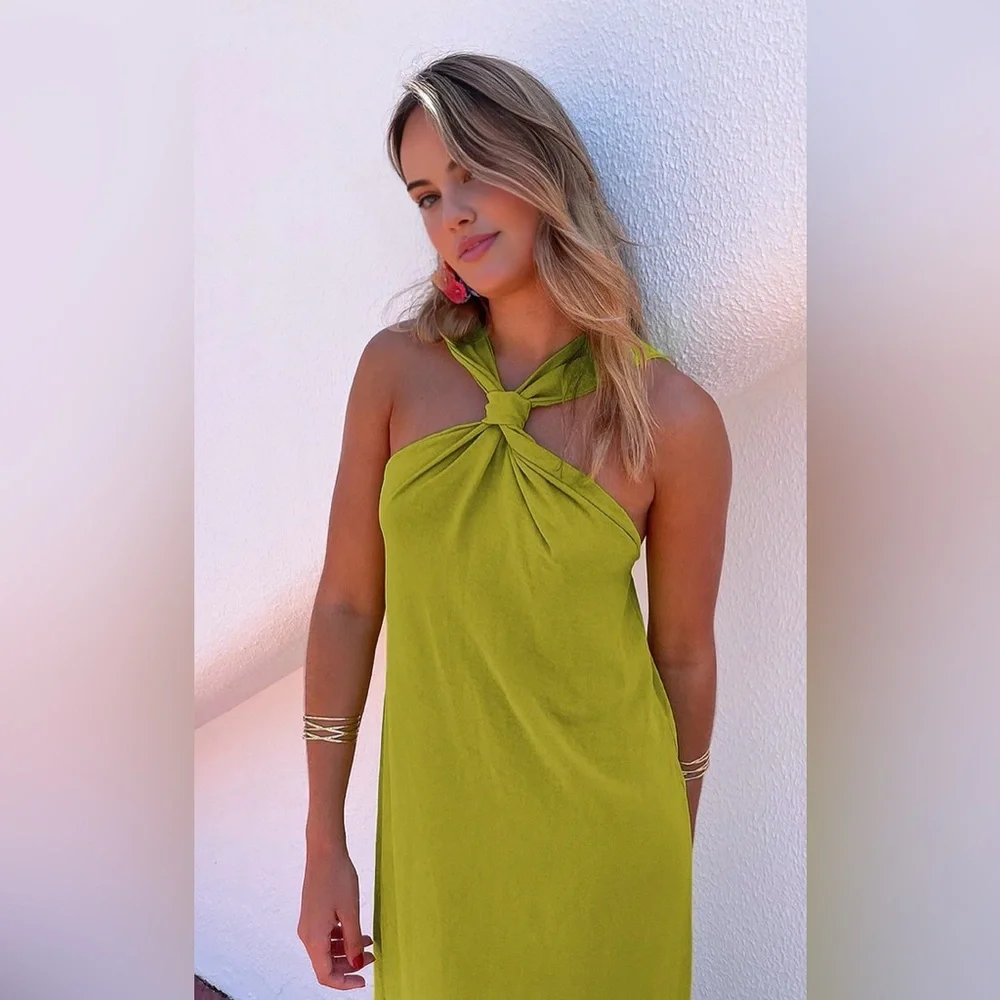 Commense Olive Green Twist-Neck Midi Dress - Picture 6 of 14